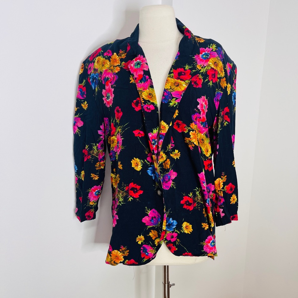 Tracy Evans Ltd Vintage Floral Blazer Rayon Jacket Navy Cottagecore Medium